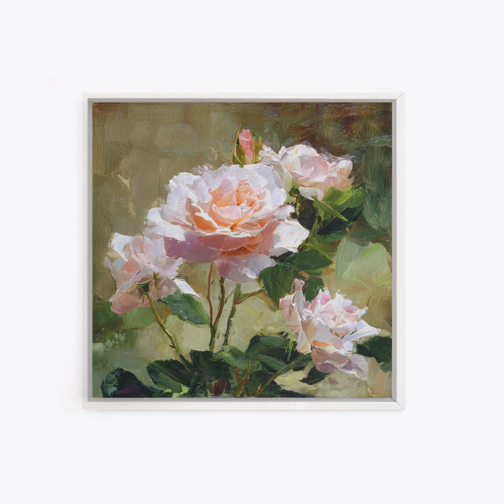 Garden Roses in Romantic Oil Paint Framed Canvas Print, Bed and Breakfast Art, Neutral Decor, Living Room Decor, Oil Painting, BAB-1x1-21