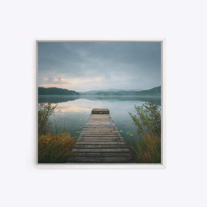 Quiet Lake Dock at Early Morning Canvas Print, Bed and Breakfast Art, Farmhouse Wall Decor, Living Room Decor, Fine Art, BAB-1x1-22