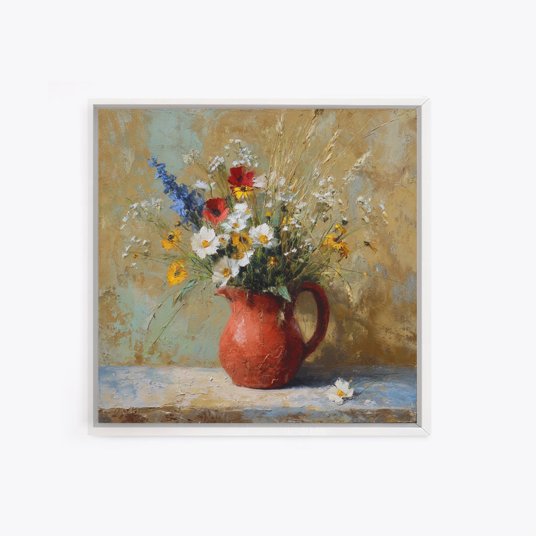 Country Wildflowers in a Chipped Ceramic Pitcher Canvas Print, Bed and Breakfast Art, Room Decor, Living Room Decor, BAB-1x1-25