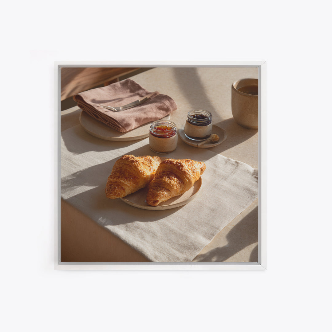 Fresh Croissants and Jam on a Linen Canvas Print, Bed and Breakfast Art, Folk Art, Living Room Decor, Abstract Art, BAB-1x1-26