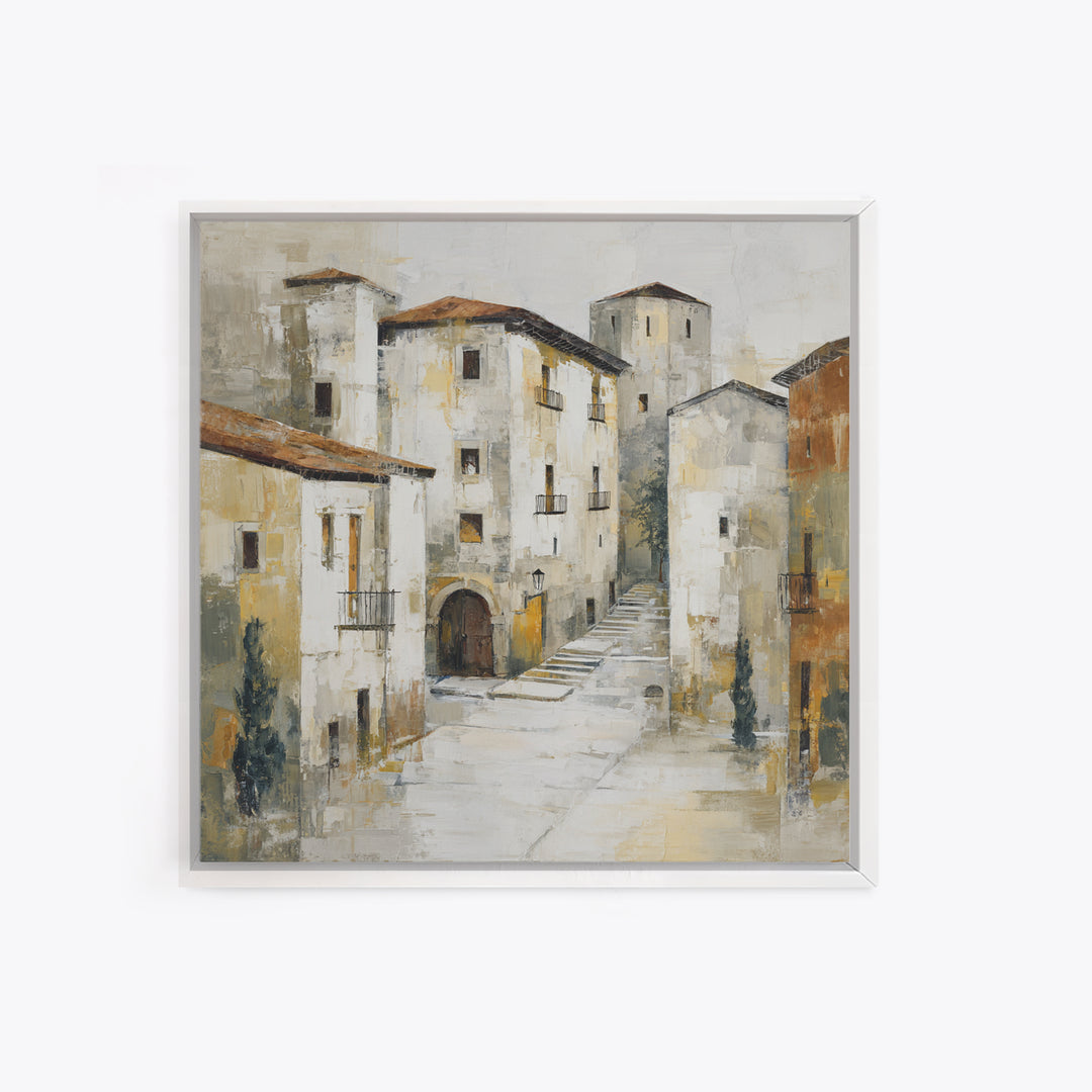 Soft Watercolor Village Street at Dawn Canvas Print, Bed and Breakfast Art, Textured Painting, Living Room Decor, BAB-1x1-29