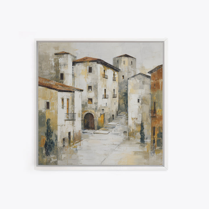 Soft Watercolor Village Street at Dawn Canvas Print, Bed and Breakfast Art, Textured Painting, Living Room Decor, BAB-1x1-29