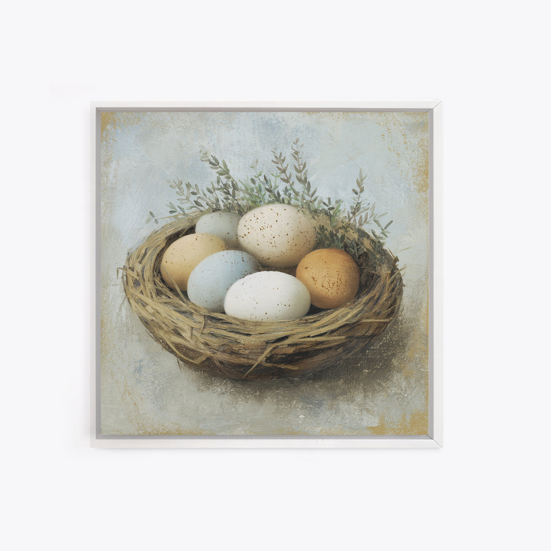 Fresh Eggs in a Woven Basket with Canvas Print, Bed and Breakfast Art, Bedroom Art, Living Room Decor, Oil Painting, BAB-1x1-30