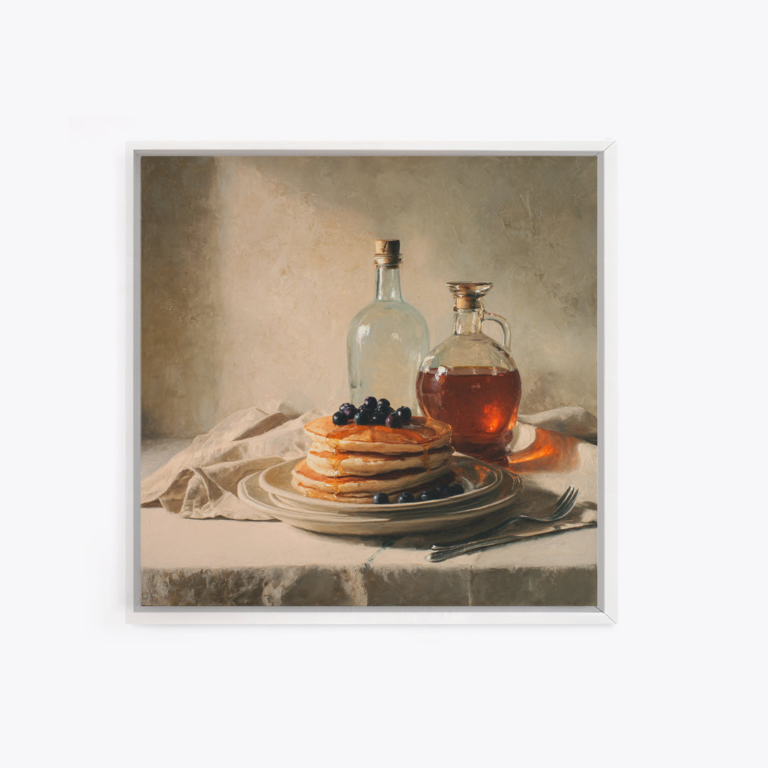Blueberry Pancakes Still Life Framed Canvas Print, Bed and Breakfast Art, Gallery Decor, Living Room Decor, Fine Art, BAB-1x1-32