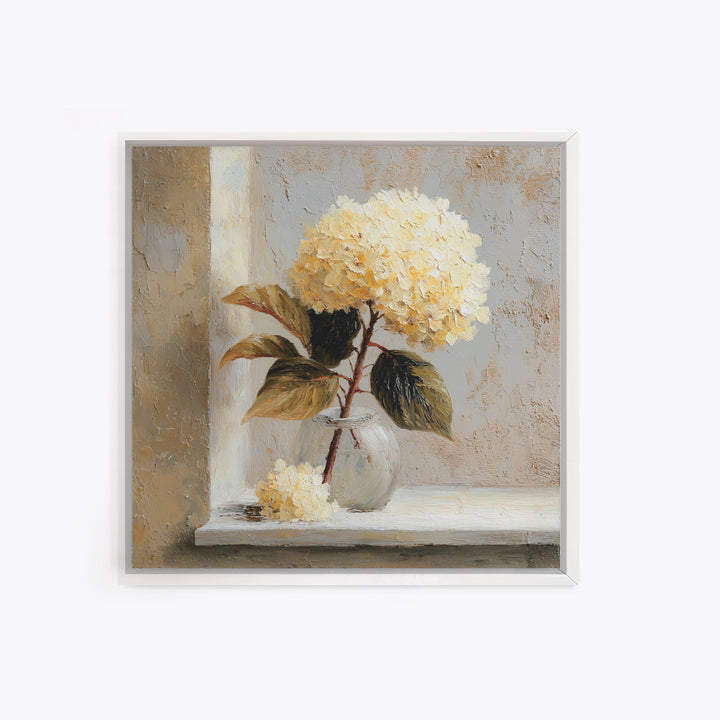 Sunlit Hydrangeas on a Windowsill Canvas Print, Bed and Breakfast Art, Rustic Home Decor, Living Room Decor, BAB-1x1-34