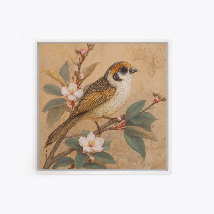 Small Bird on a Flowering Branch Framed Canvas Print, Bed and Breakfast Art, Gallery Decor, Living Room Decor, Fine Art, BAB-1x1-38