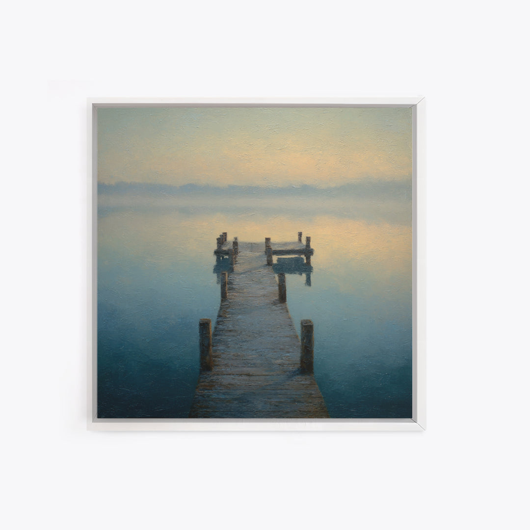 Quiet Lake Dock at Early Morning Framed Canvas Print, Bed and Breakfast Art, Coffee Wall Art, Living Room Decor, Oil Painting, BAB-1x1-46