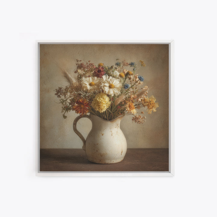 Country Wildflowers in a Chipped Ceramic Pitcher Canvas Print, Bed and Breakfast Art, Room Decor, Living Room Decor, BAB-1x1-49