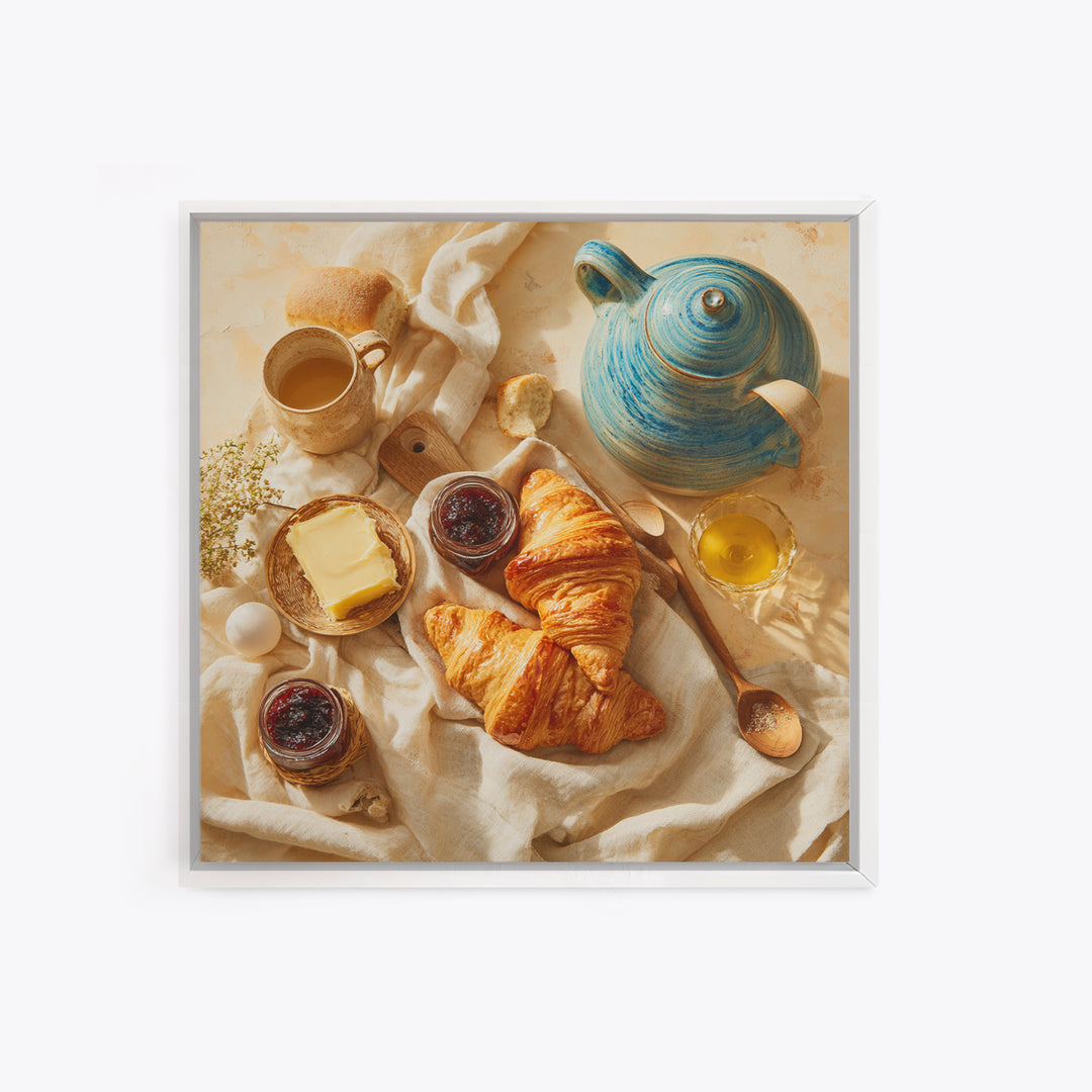 Fresh Croissants and Jam on a Linen Canvas Print, Bed and Breakfast Art, Folk Art, Living Room Decor, Abstract Art, BAB-1x1-50