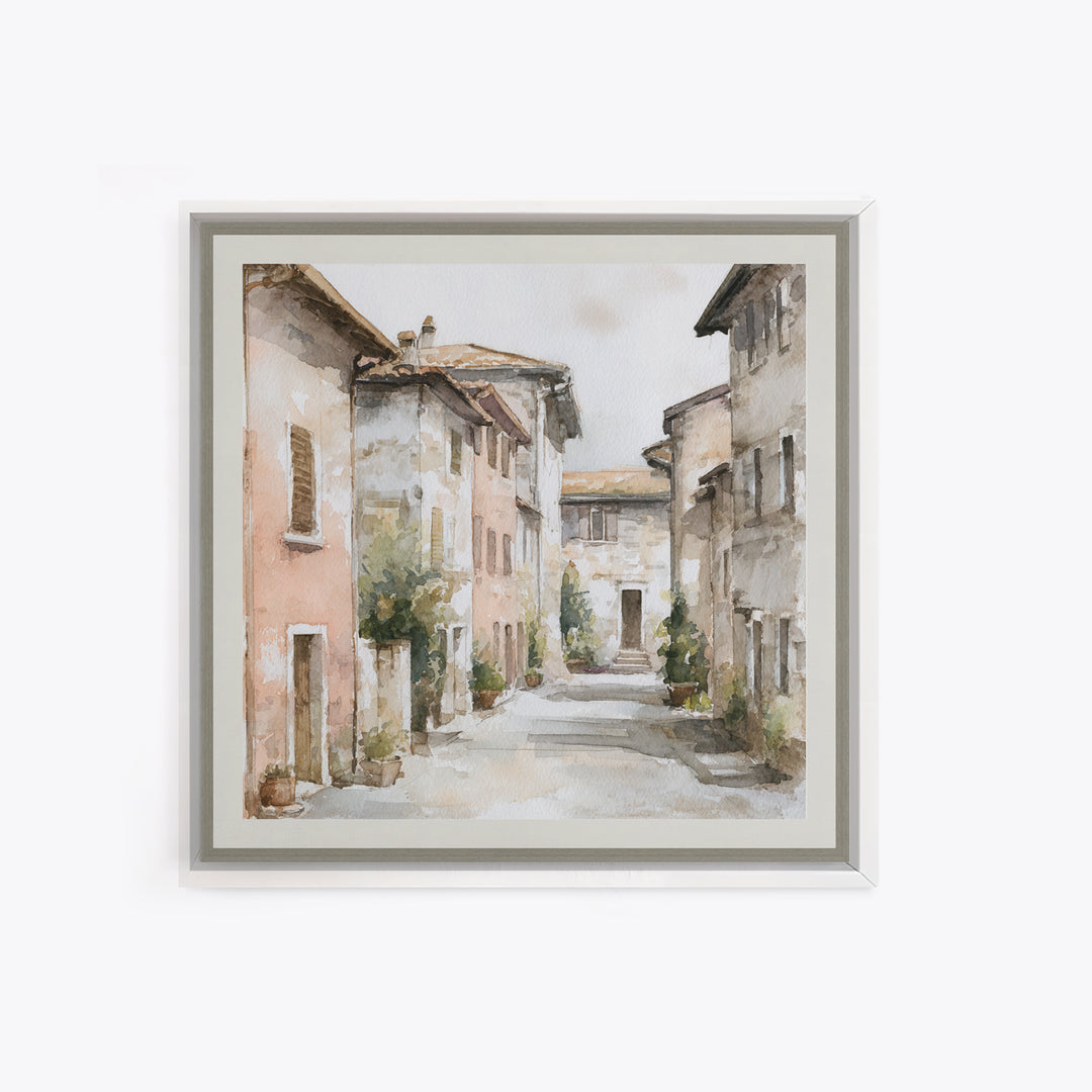 Soft Watercolor Village Street at Dawn Canvas Print, Bed and Breakfast Art, Textured Painting, Living Room Decor, BAB-1x1-53