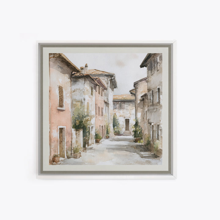 Soft Watercolor Village Street at Dawn Canvas Print, Bed and Breakfast Art, Textured Painting, Living Room Decor, BAB-1x1-53