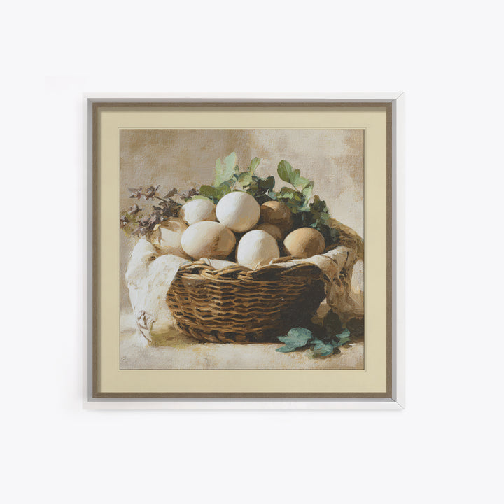 Fresh Eggs in a Woven Basket with Canvas Print, Bed and Breakfast Art, Bedroom Art, Living Room Decor, Oil Painting, BAB-1x1-54