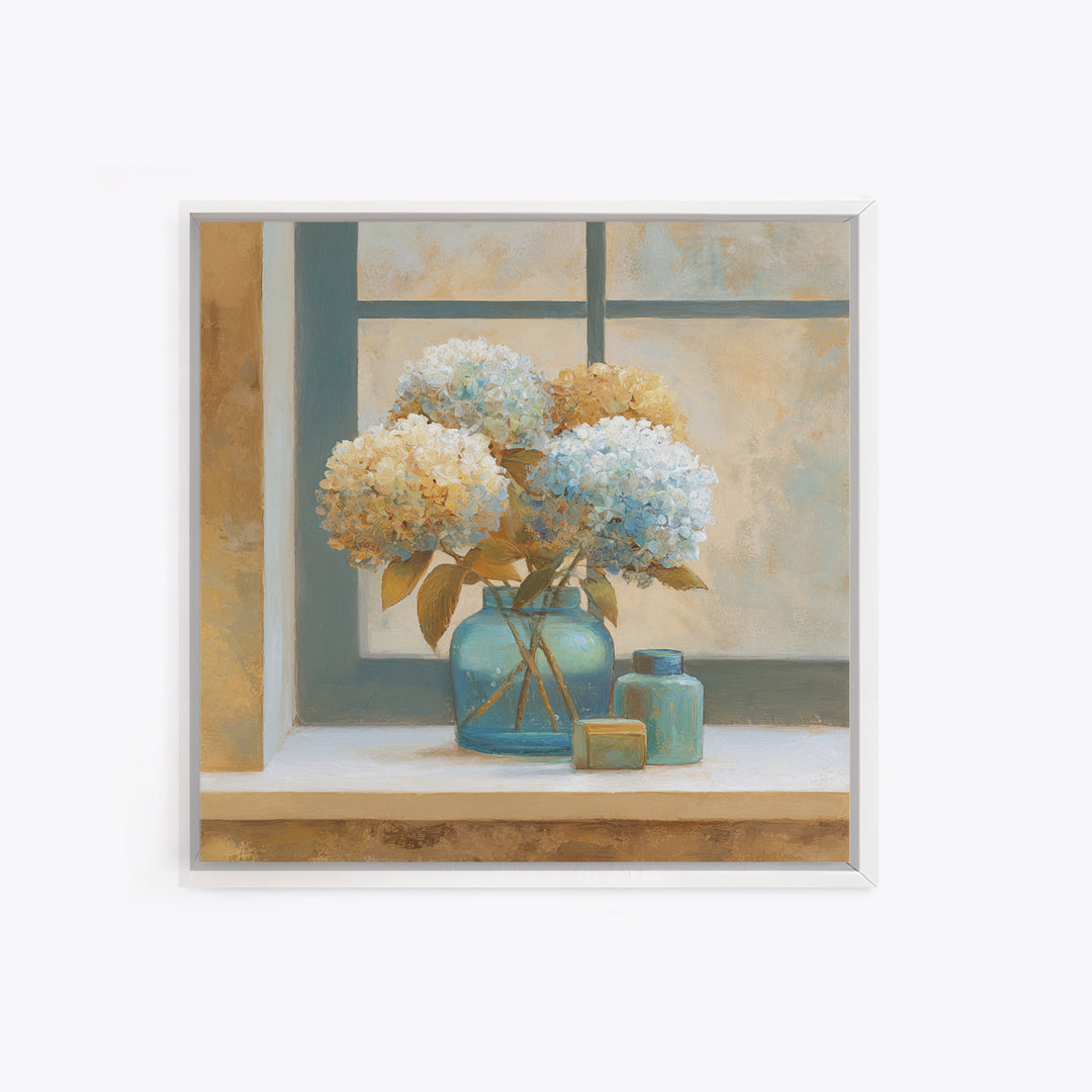 Sunlit Hydrangeas on a Windowsill Canvas Print, Bed and Breakfast Art, Rustic Home Decor, Living Room Decor, BAB-1x1-58
