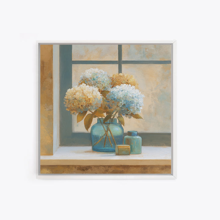 Sunlit Hydrangeas on a Windowsill Canvas Print, Bed and Breakfast Art, Rustic Home Decor, Living Room Decor, BAB-1x1-58