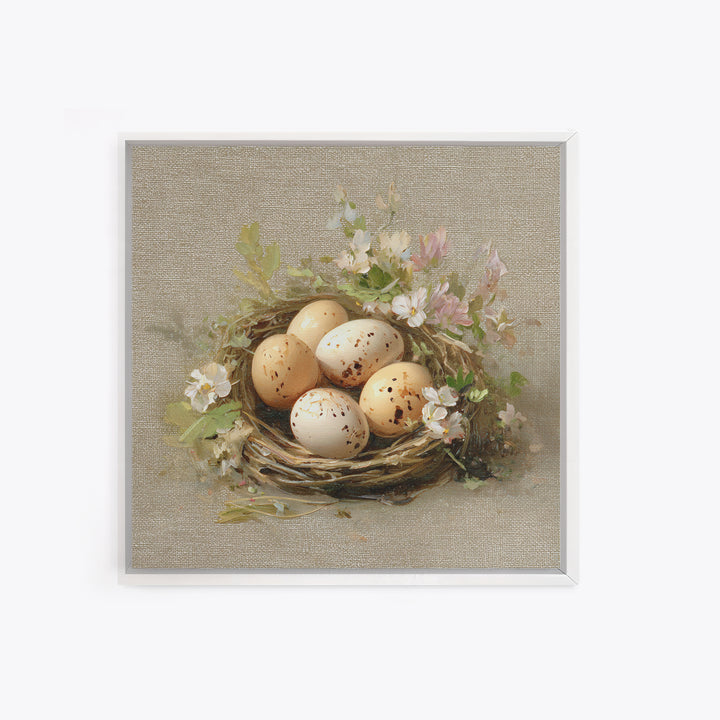 Fresh Eggs in a Woven Basket with Framed Canvas Print, Bed and Breakfast Art, Coffee Art, Living Room Decor, Watercolor Art, BAB-1x1-6