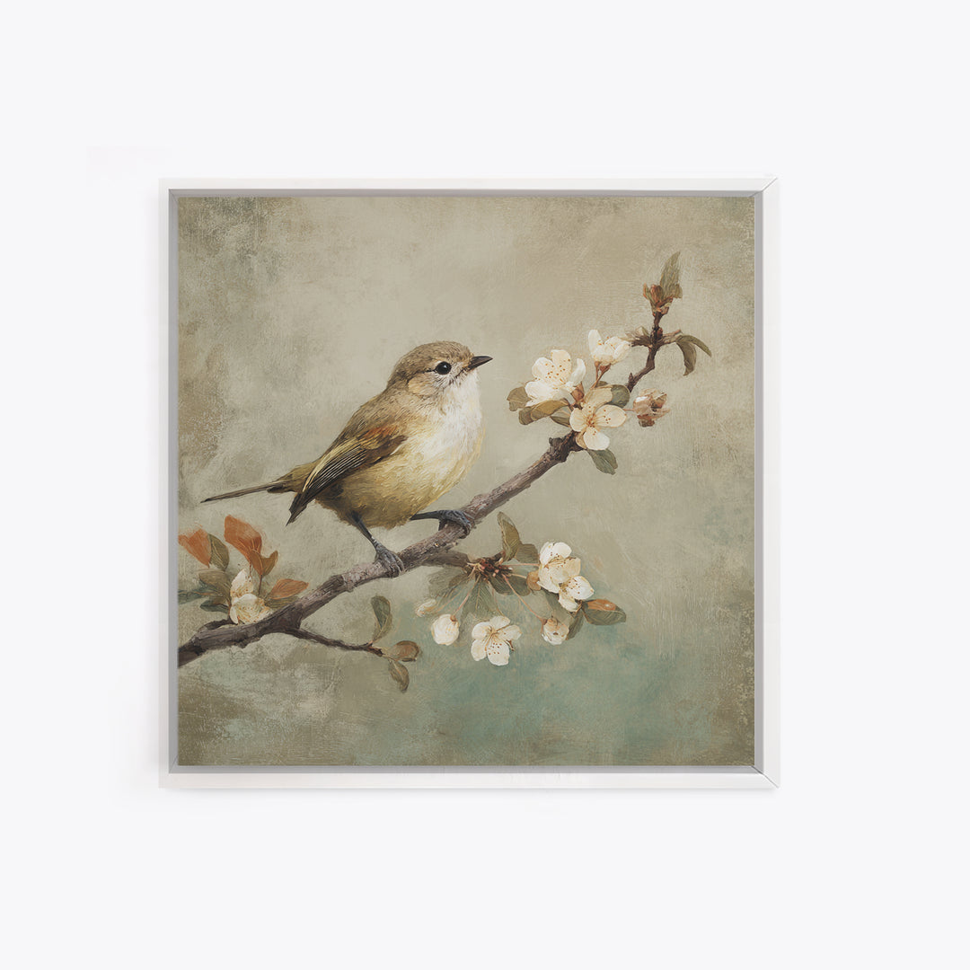 Small Bird on a Flowering Branch Framed Canvas Print, Bed and Breakfast Art, Gallery Decor, Living Room Decor, Fine Art, BAB-1x1-62