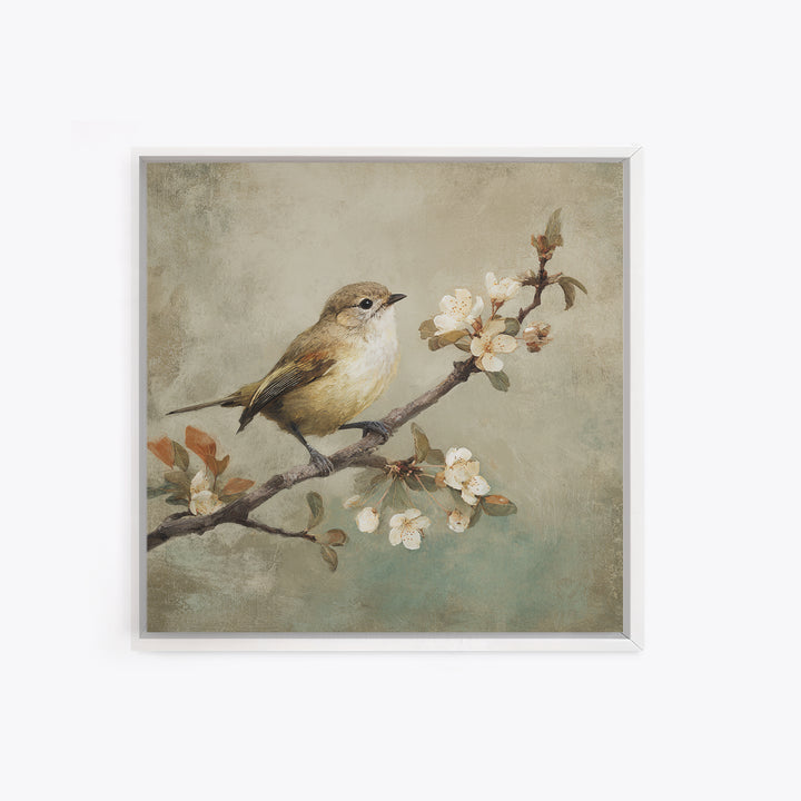 Small Bird on a Flowering Branch Framed Canvas Print, Bed and Breakfast Art, Gallery Decor, Living Room Decor, Fine Art, BAB-1x1-62