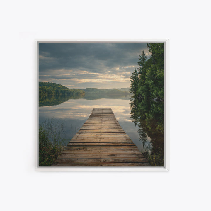 Quiet Lake Dock at Early Morning Framed Canvas Print, Bed and Breakfast Art, Coffee Wall Art, Living Room Decor, Oil Painting, BAB-1x1-70
