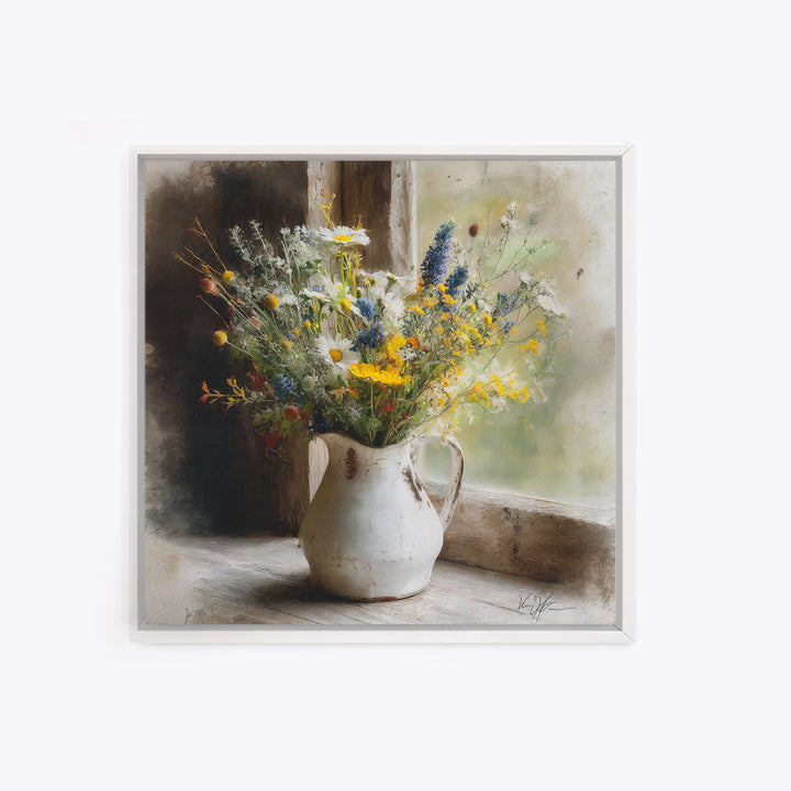 Country Wildflowers in a Chipped Ceramic Pitcher Canvas Print, Bed and Breakfast Art, Home Decor, Living Room Decor, BAB-1x1-73