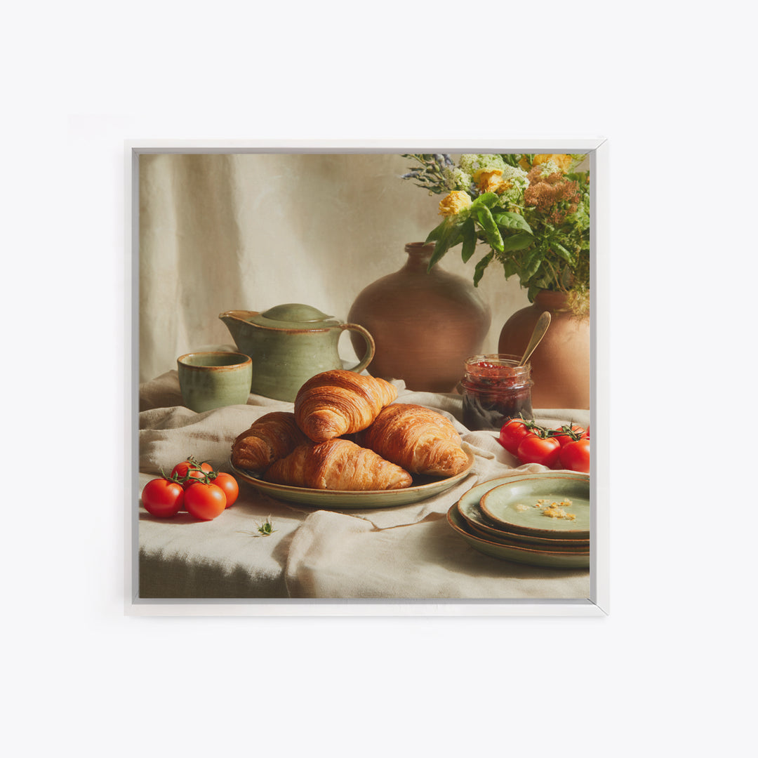 Fresh Croissants and Jam on a Linen Framed Canvas Print, Bed and Breakfast Art, Fine Art Print, Living Room Decor, Abstract Art, BAB-1x1-74