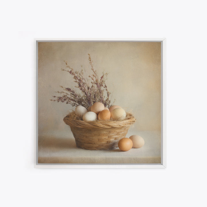 Fresh Eggs in a Woven Basket with Framed Canvas Print, Bed and Breakfast Art, Statement Artwork, Living Room Decor, Fine Art, BAB-1x1-78
