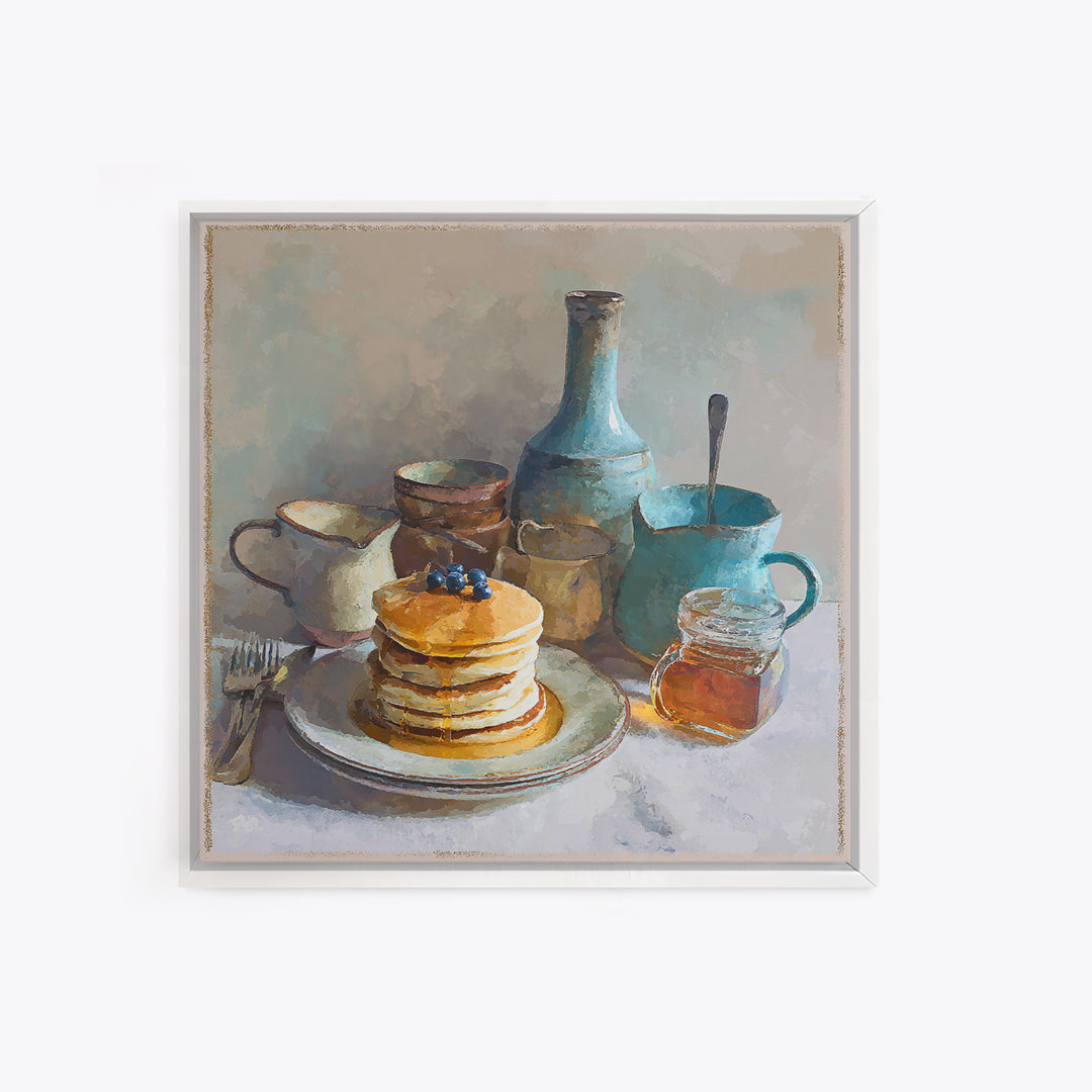 Blueberry Pancakes Still Life Framed Canvas Print, Bed and Breakfast Art, Fine Art Print, Living Room Decor, Fine Art, BAB-1x1-80