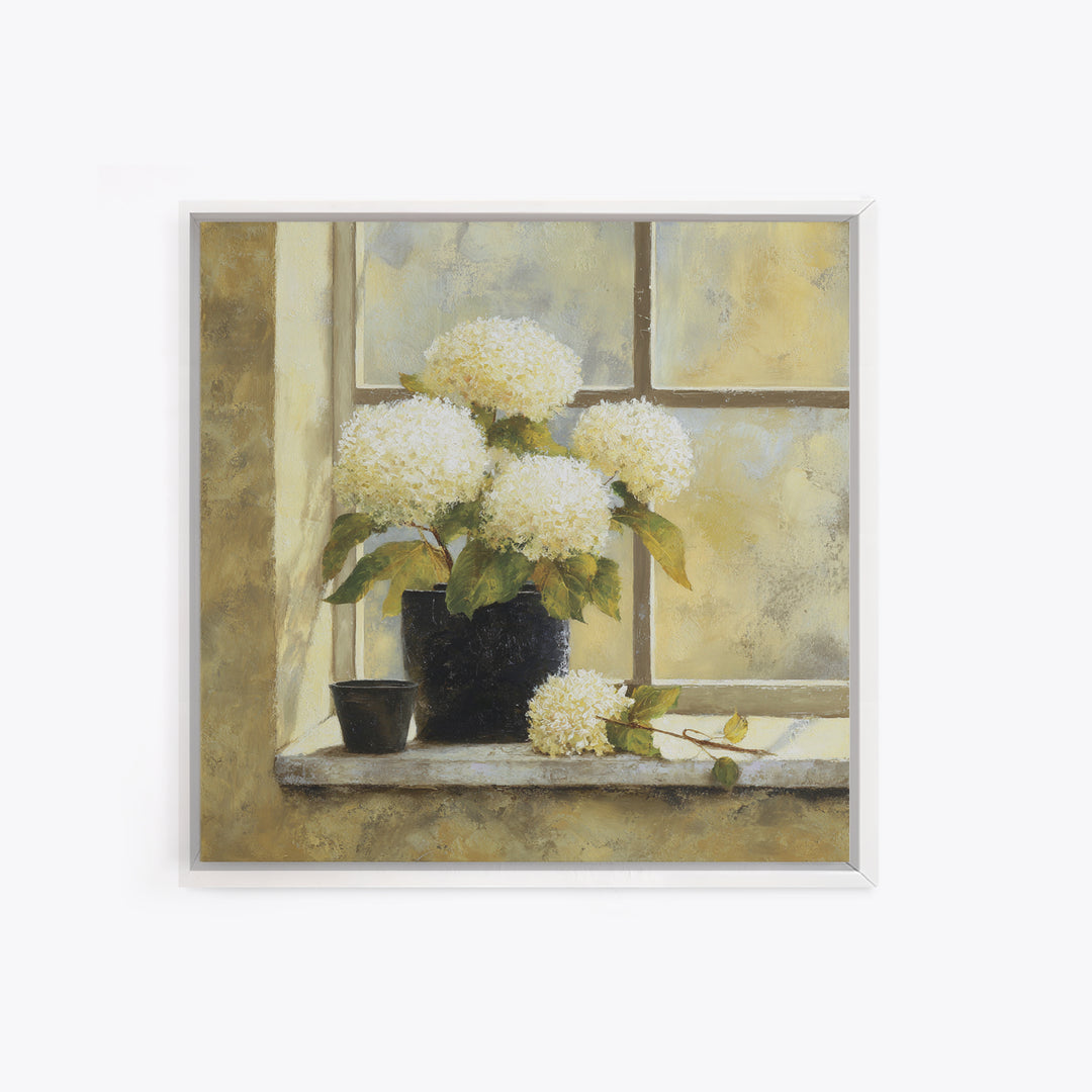 Sunlit Hydrangeas on a Windowsill Canvas Print, Bed and Breakfast Art, Boho Decor, Living Room Decor, Oil Painting, BAB-1x1-82
