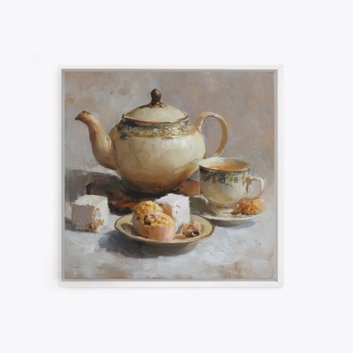 Porcelain Teapot and Scones Framed Canvas Print, Bed and Breakfast Art, Bedroom Prints, Living Room Decor, Abstract Art, BAB-1x1-84