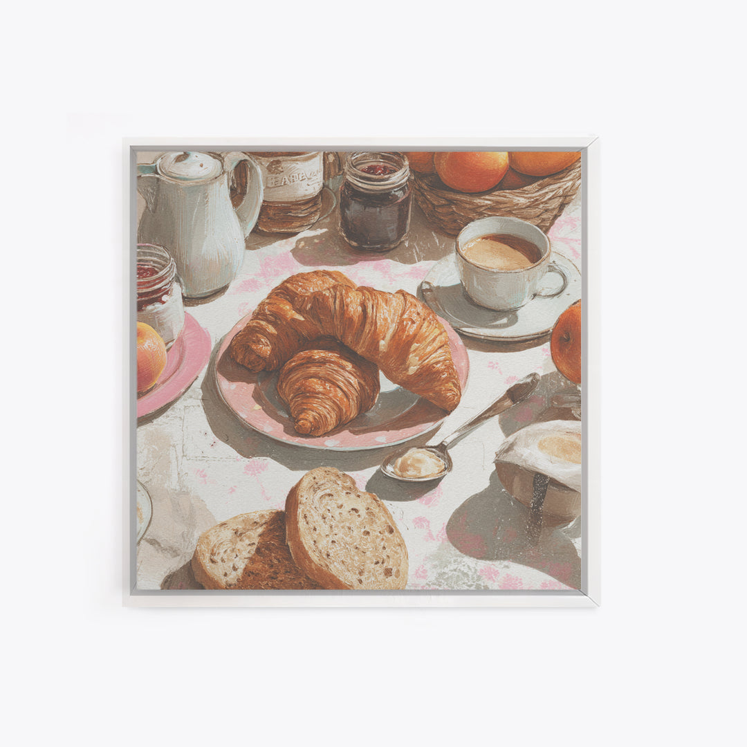 Fresh Croissants and Jam on a Linen Canvas Print, Bed and Breakfast Art, Textured Painting, Living Room Decor, Abstract Art, BAB-1x1-98