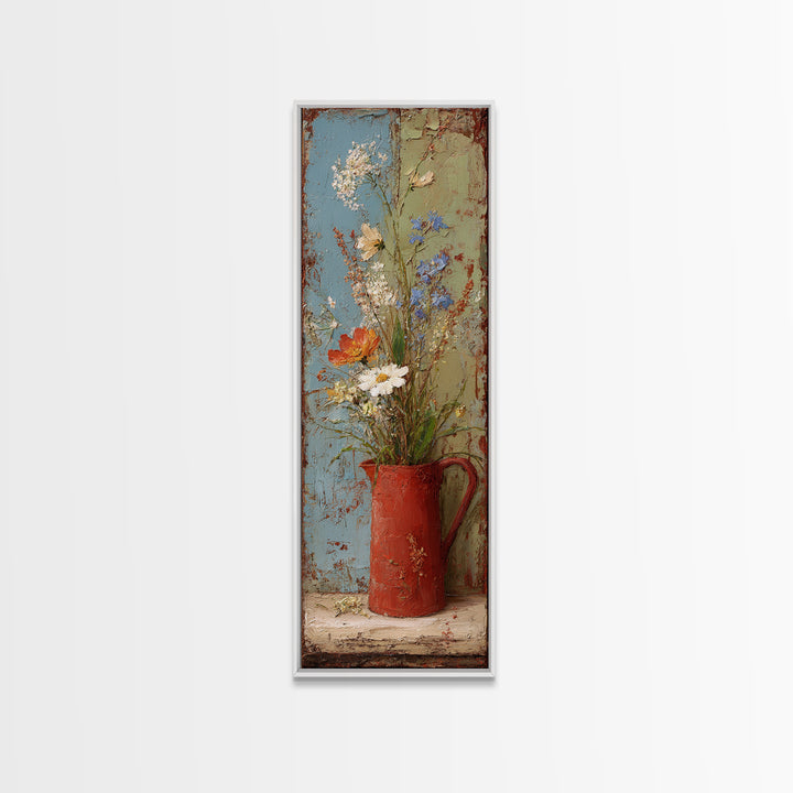 Country Wildflowers in a Chipped Ceramic Pitcher Canvas Print, Bed and Breakfast Art, Minimalist Decor, Living Room Decor, BAB-1x3-13