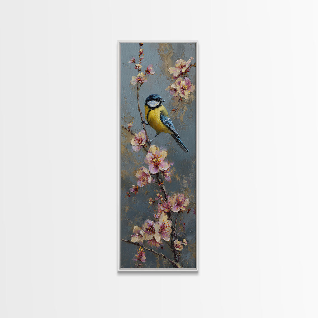 Small Bird on a Flowering Branch Canvas Print, Bed and Breakfast Art, Folk Art, Living Room Decor, Watercolor Art, BAB-1x3-2