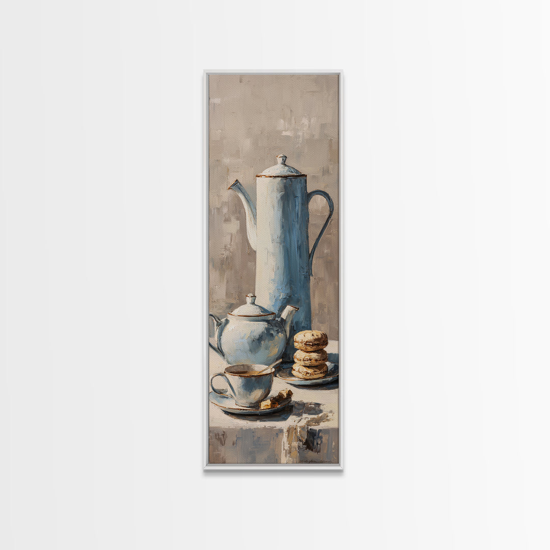Porcelain Teapot and Scones Framed Canvas Print, Bed and Breakfast Art, Wall Decor, Living Room Decor, Fine Art, BAB-1x3-24