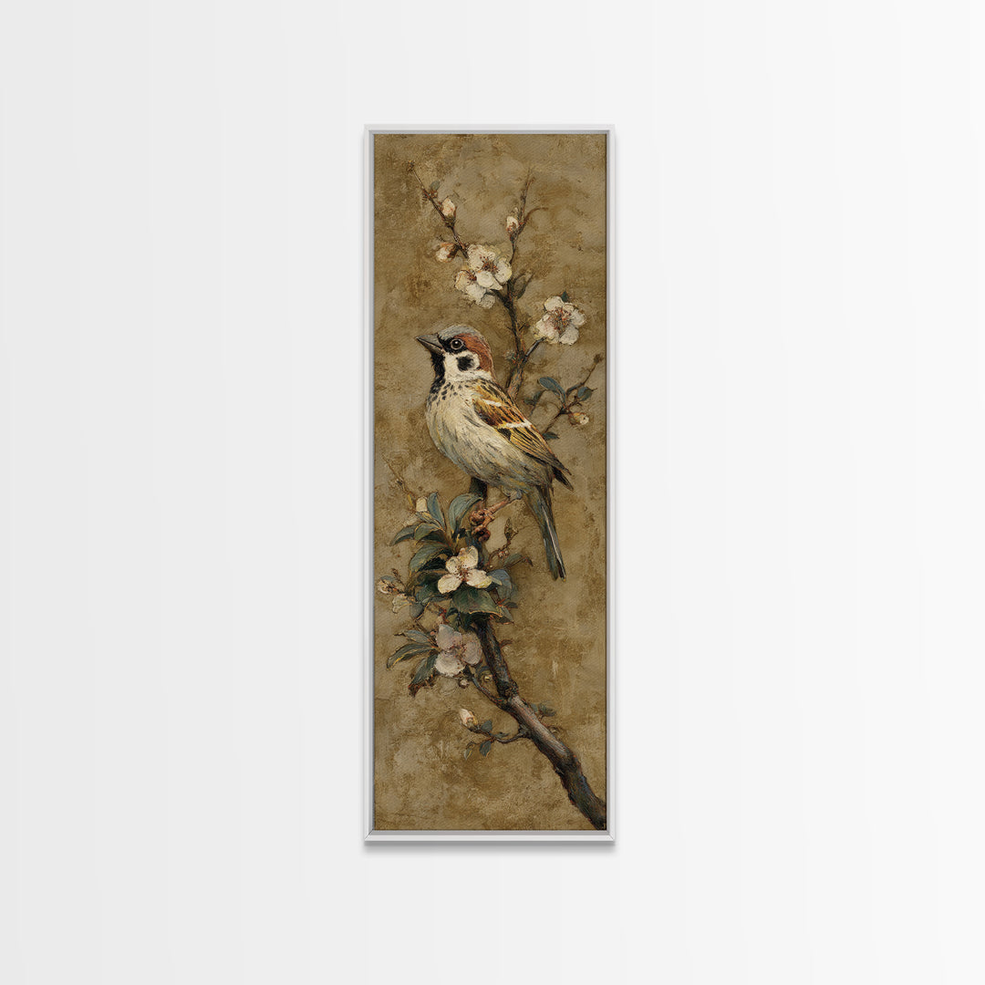 Small Bird on a Flowering Branch Canvas Print, Bed and Breakfast Art, Folk Art, Living Room Decor, Watercolor Art, BAB-1x3-26