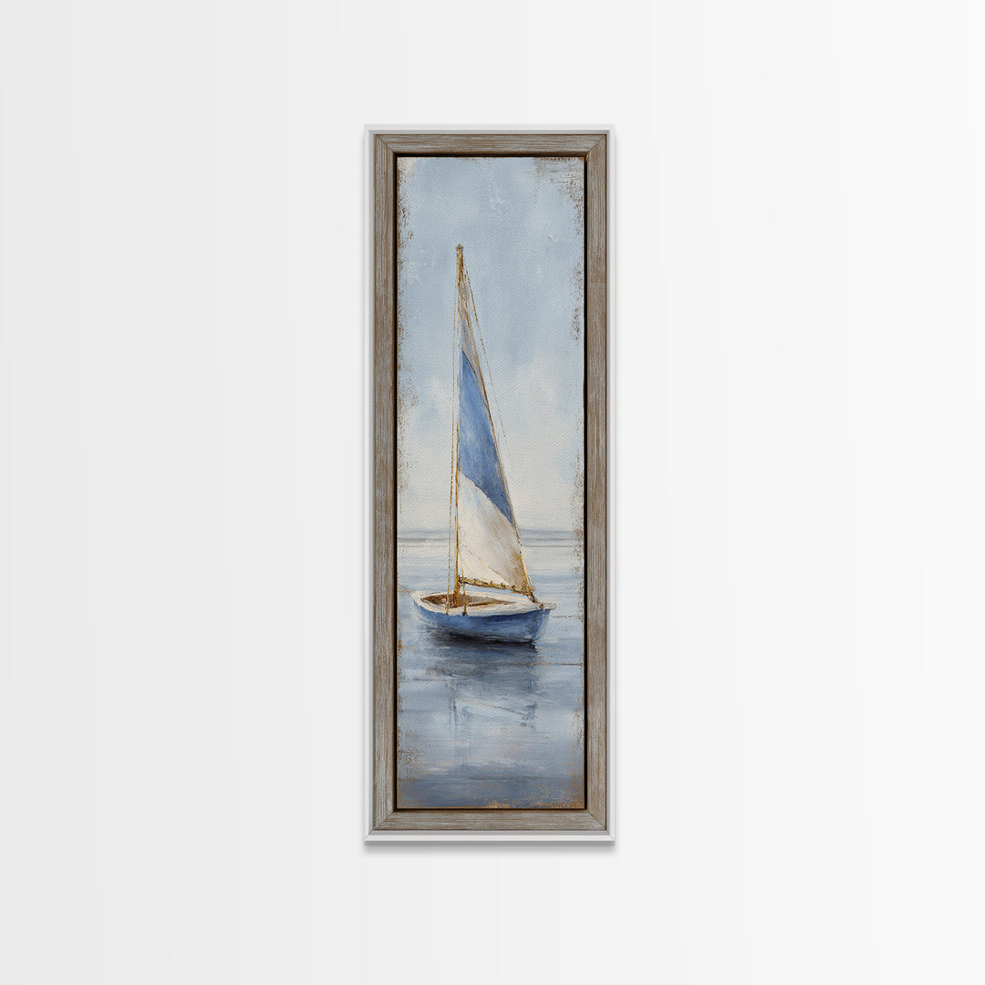 Coastal Inn Sailboat at Sunrise Framed Canvas Print, Bed and Breakfast Art, Textured Painting, Living Room Decor, Fine Art, BAB-1x3-29