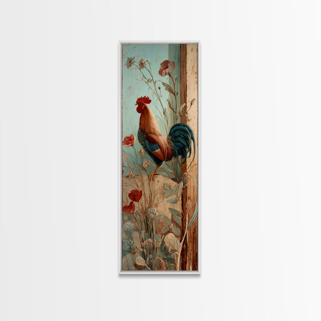 Rooster and Wildflower Country Portrait Framed Canvas Print, Bed and Breakfast Art, Living Room Decor, Fine Art, BAB-1x3-31