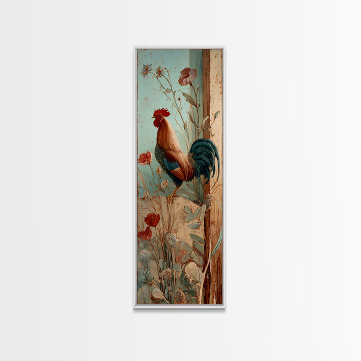 Rooster and Wildflower Country Portrait Framed Canvas Print, Bed and Breakfast Art, Living Room Decor, Fine Art, BAB-1x3-31