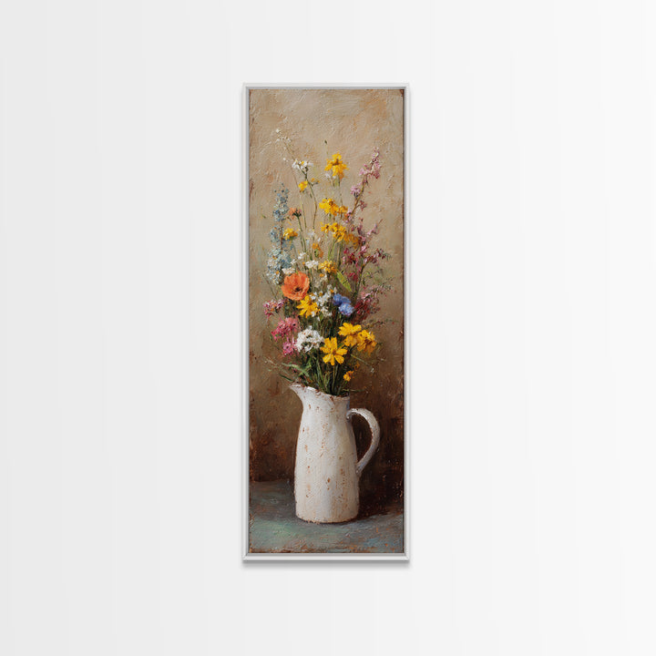 Country Wildflowers in a Chipped Ceramic Pitcher Canvas Print, Bed and Breakfast Art, Minimalist Decor, Living Room Decor, BAB-1x3-37