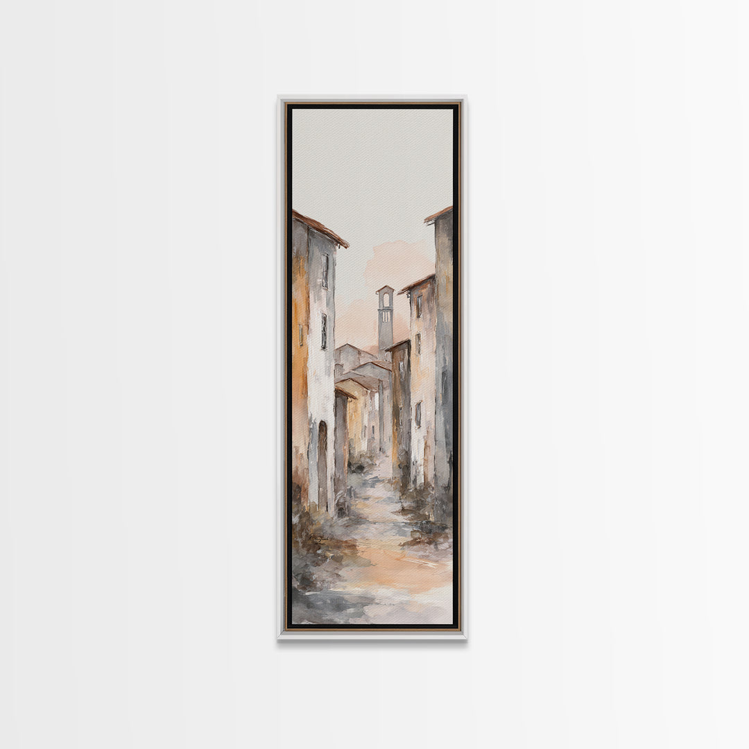 Soft Watercolor Village Street at Dawn Canvas Print, Bed and Breakfast Art, Farmhouse Wall Art, Living Room Decor, Fine Art, BAB-1x3-41