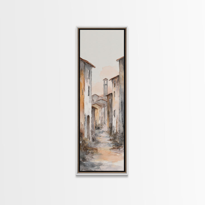 Soft Watercolor Village Street at Dawn Canvas Print, Bed and Breakfast Art, Farmhouse Wall Art, Living Room Decor, Fine Art, BAB-1x3-41