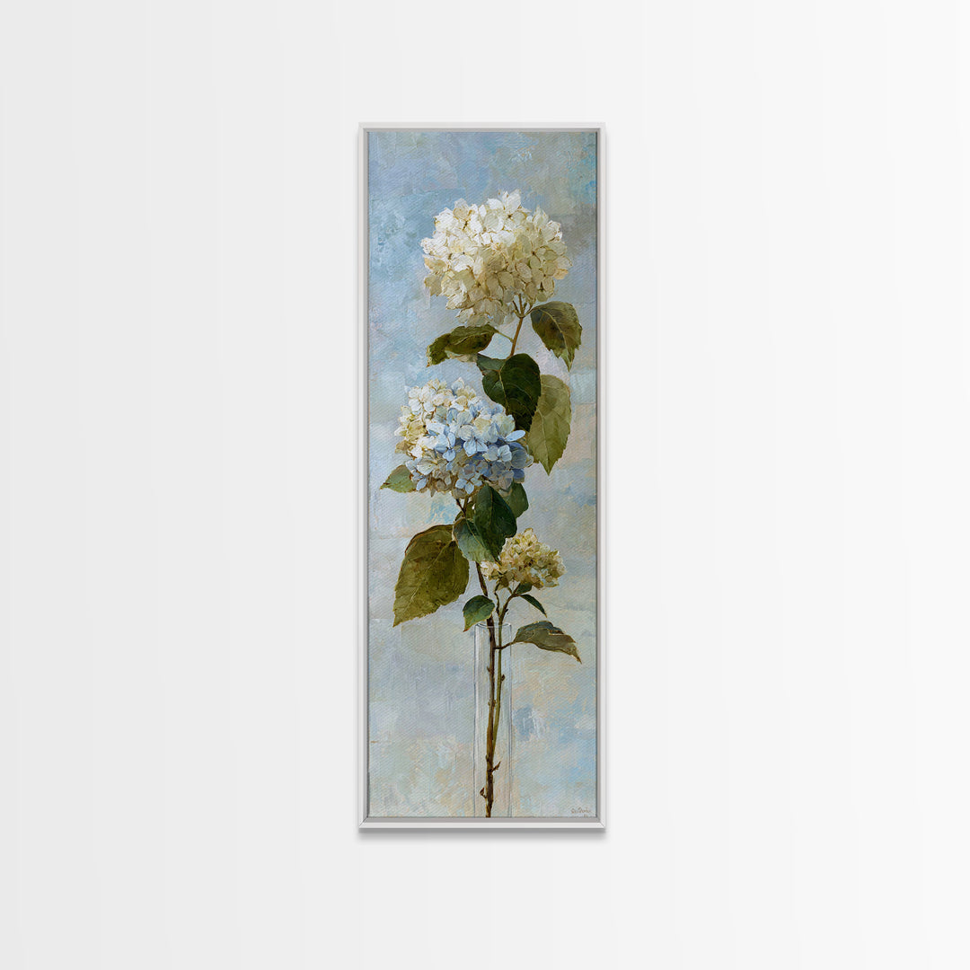 Sunlit Hydrangeas on a Windowsill Framed Canvas Print, Bed and Breakfast Art, Modern Decor, Living Room Decor, Fine Art, BAB-1x3-46