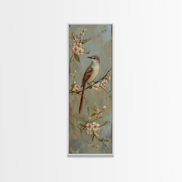 Small Bird on a Flowering Branch Framed Canvas Print, Bed and Breakfast Art, Fine Art Print, Living Room Decor, Watercolor Art, BAB-1x3-50