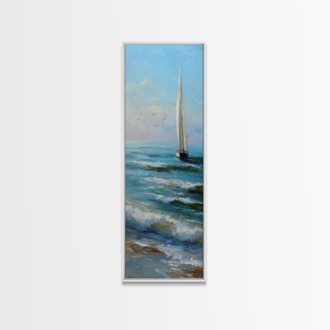 Coastal Inn Sailboat at Sunrise Framed Canvas Print, Bed and Breakfast Art, Textured Painting, Living Room Decor, Fine Art, BAB-1x3-53