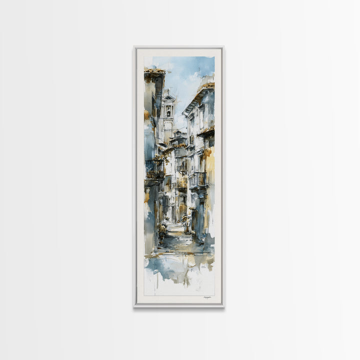 Soft Watercolor Village Street at Dawn Canvas Print, Bed and Breakfast Art, Print, Living Room Decor, Fine Art, BAB-1x3-65