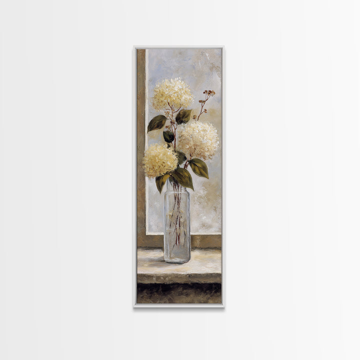 Sunlit Hydrangeas on a Windowsill Framed Canvas Print, Bed and Breakfast Art, Modern Decor, Living Room Decor, Fine Art, BAB-1x3-70
