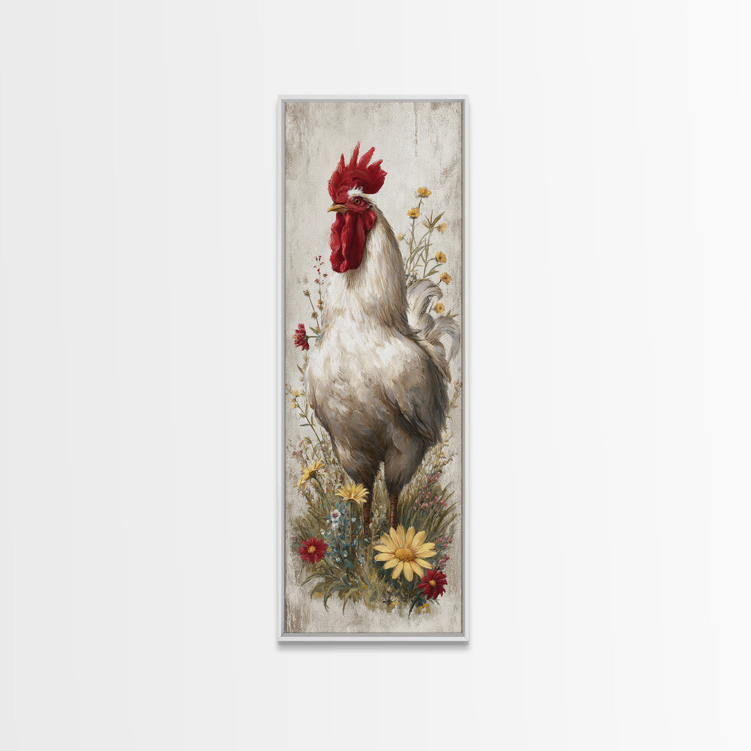 Rooster and Wildflower Country Portrait Canvas Print, Bed and Breakfast Art, Coffee Wall Art, Living Room Decor, BAB-1x3-79
