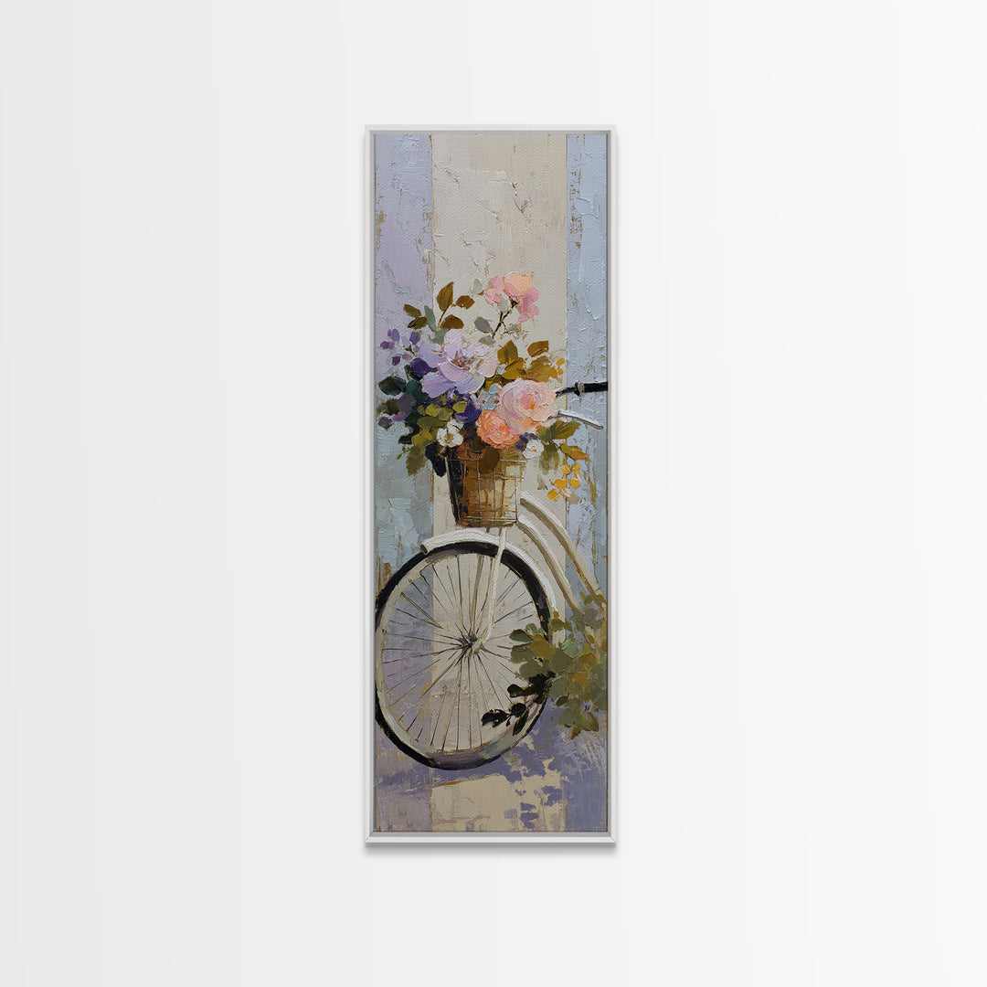 Old Bicycle with Flowers in Basket Framed Canvas Print, Bed and Breakfast Art, Folk Art, Living Room Decor, Watercolor Art, BAB-1x3-83