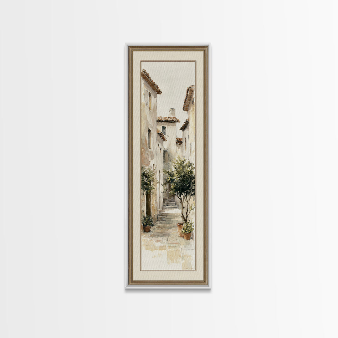 Soft Watercolor Village Street at Dawn Canvas Print, Bed and Breakfast Art, Folk Art, Living Room Decor, Fine Art, BAB-1x3-89
