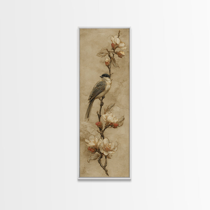 Small Bird on a Flowering Branch Canvas Print, Bed and Breakfast Art, Textured Painting, Living Room Decor, Fine Art, BAB-1x3-98