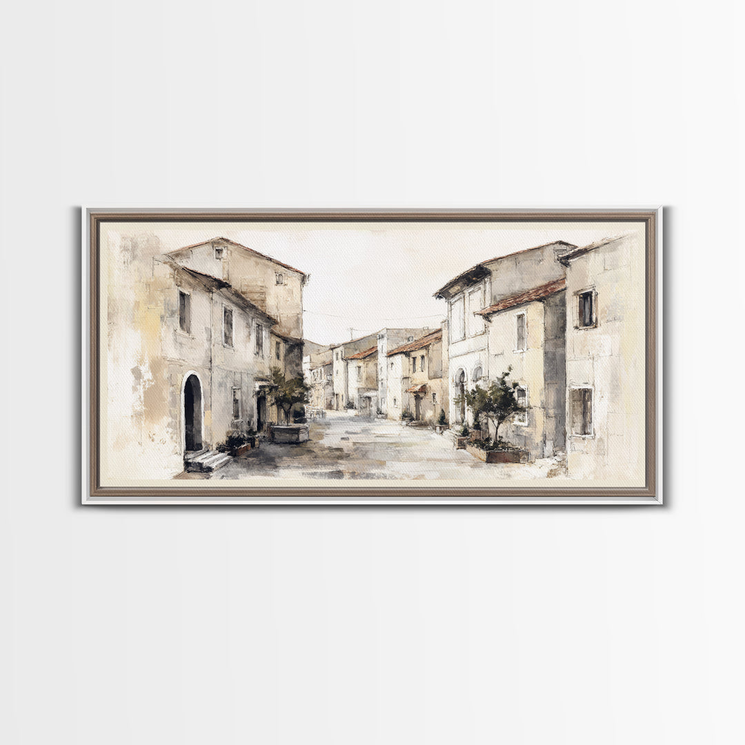Soft Watercolor Village Street at Dawn Framed Canvas Print, Bed and Breakfast Art, Printable, Living Room Decor, Fine Art, BAB-2x1-1