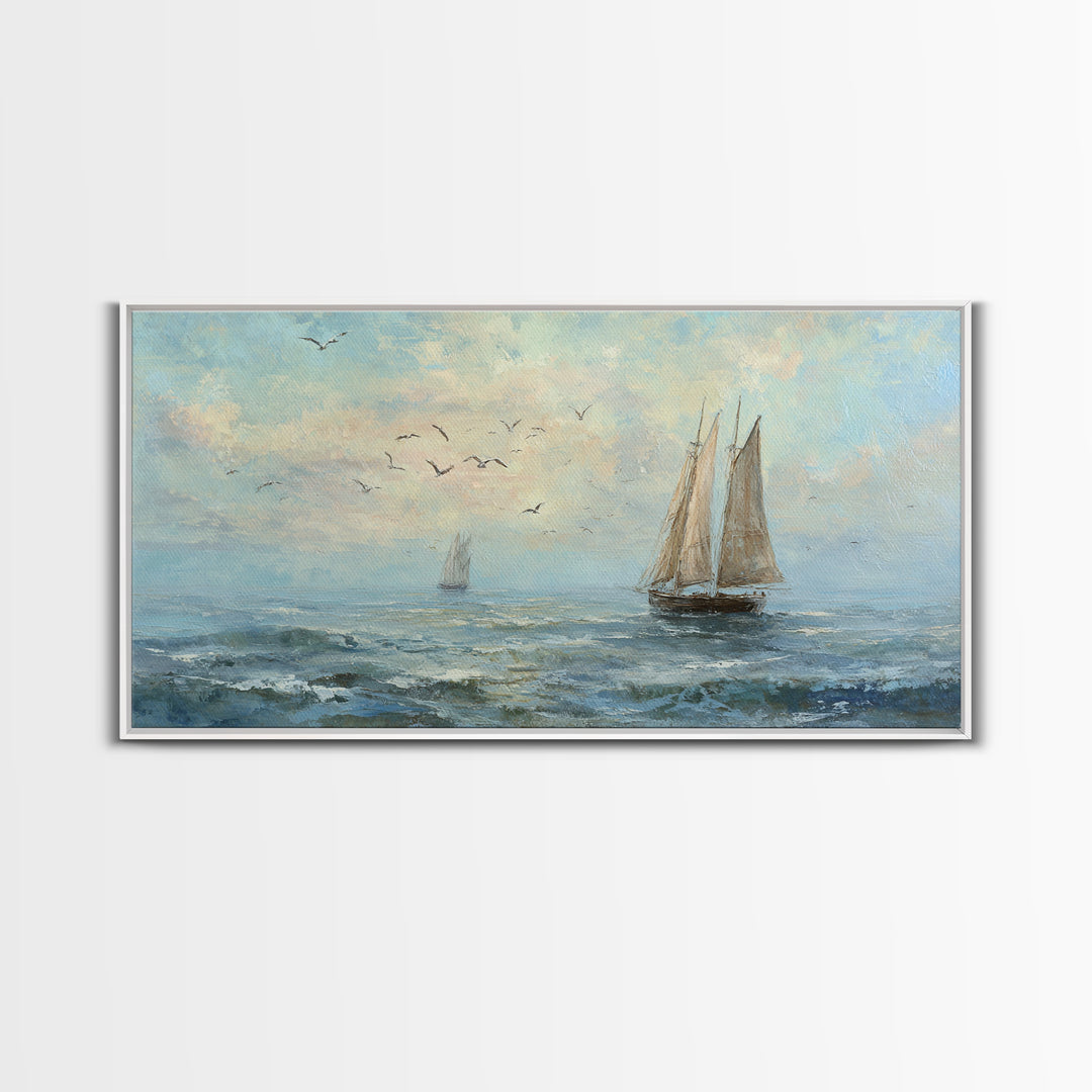 Coastal Inn Sailboat at Sunrise Framed Canvas Print, Bed and Breakfast Art, Print, Living Room Decor, Fine Art, BAB-2x1-13